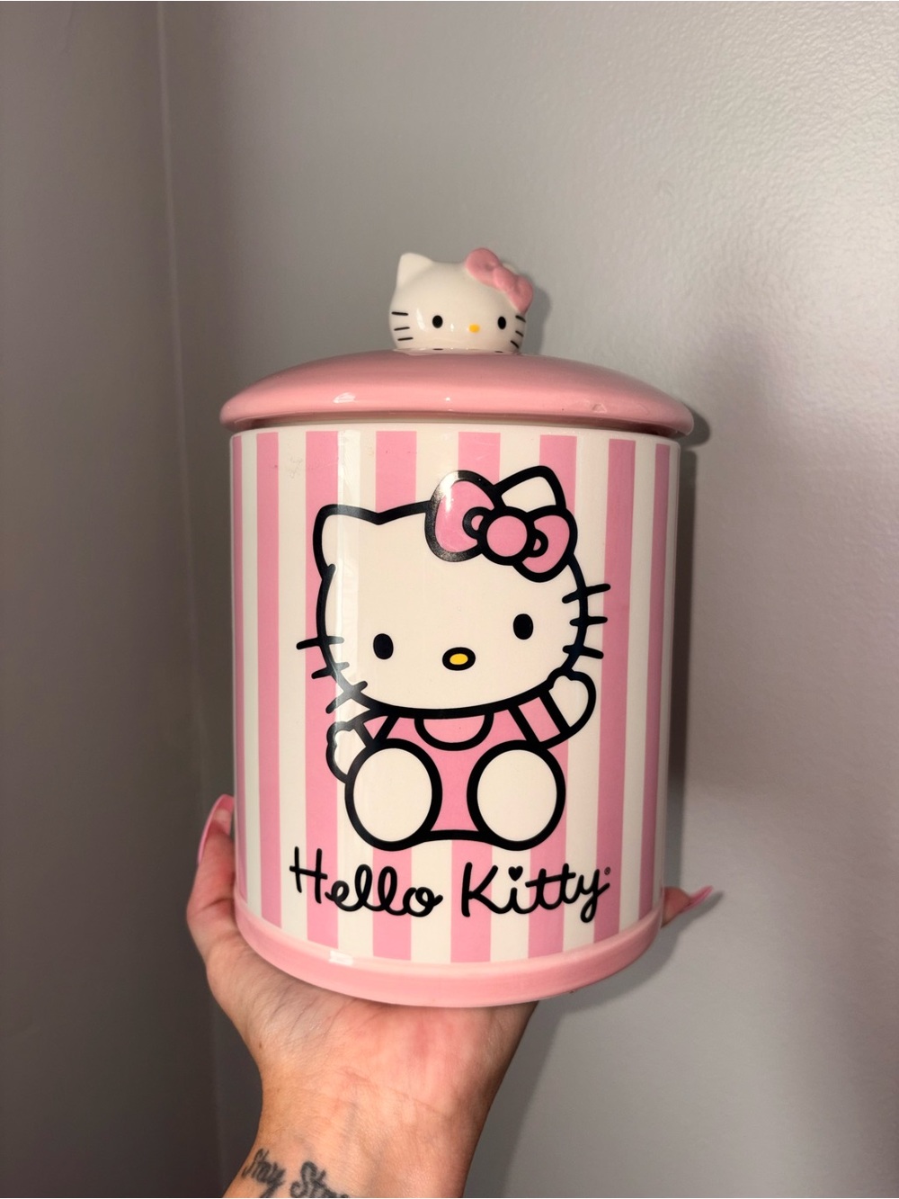 Hello Kitty Pink and White Striped Ceramic Storage Canister